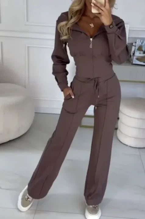 Hooded Zipper Jacket with Tight-Fitting Bottom Set