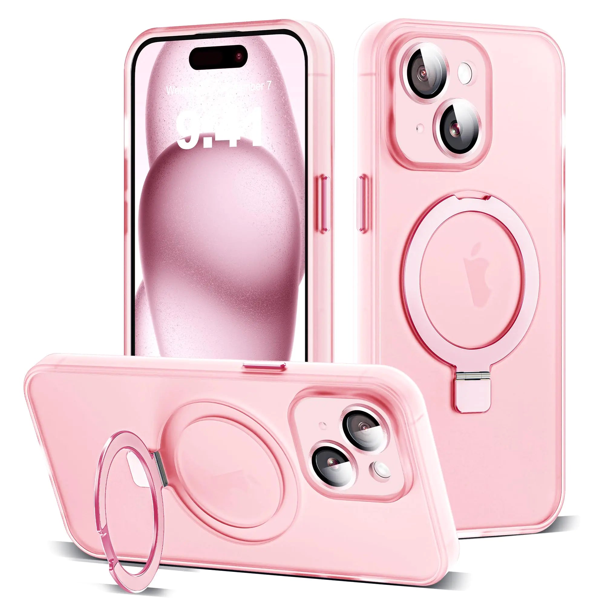 for iPhone 11 Case with Magnetic Invisible Ring Stand [Full Camera Lens Protection] [Compatible with Mag-Safe] Military-Grade Drop Matte Translucent Slim Phone Cases for iPhone 11 6.1", Pink