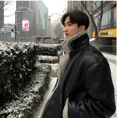 Korean Black Suede Shearling Motorcycle Jacket for Men