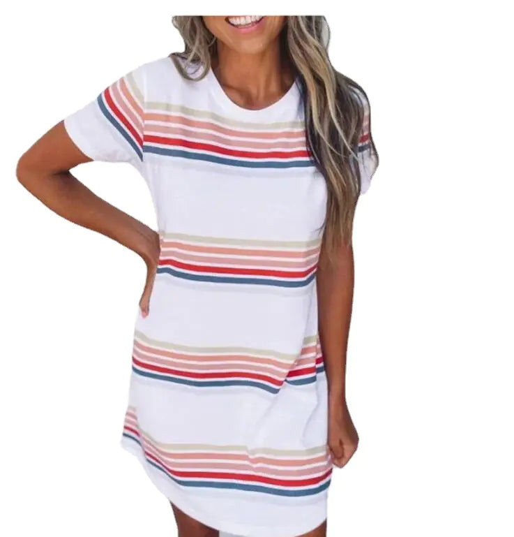 Women's Color Striped Round Neck Dress (Summer Style)