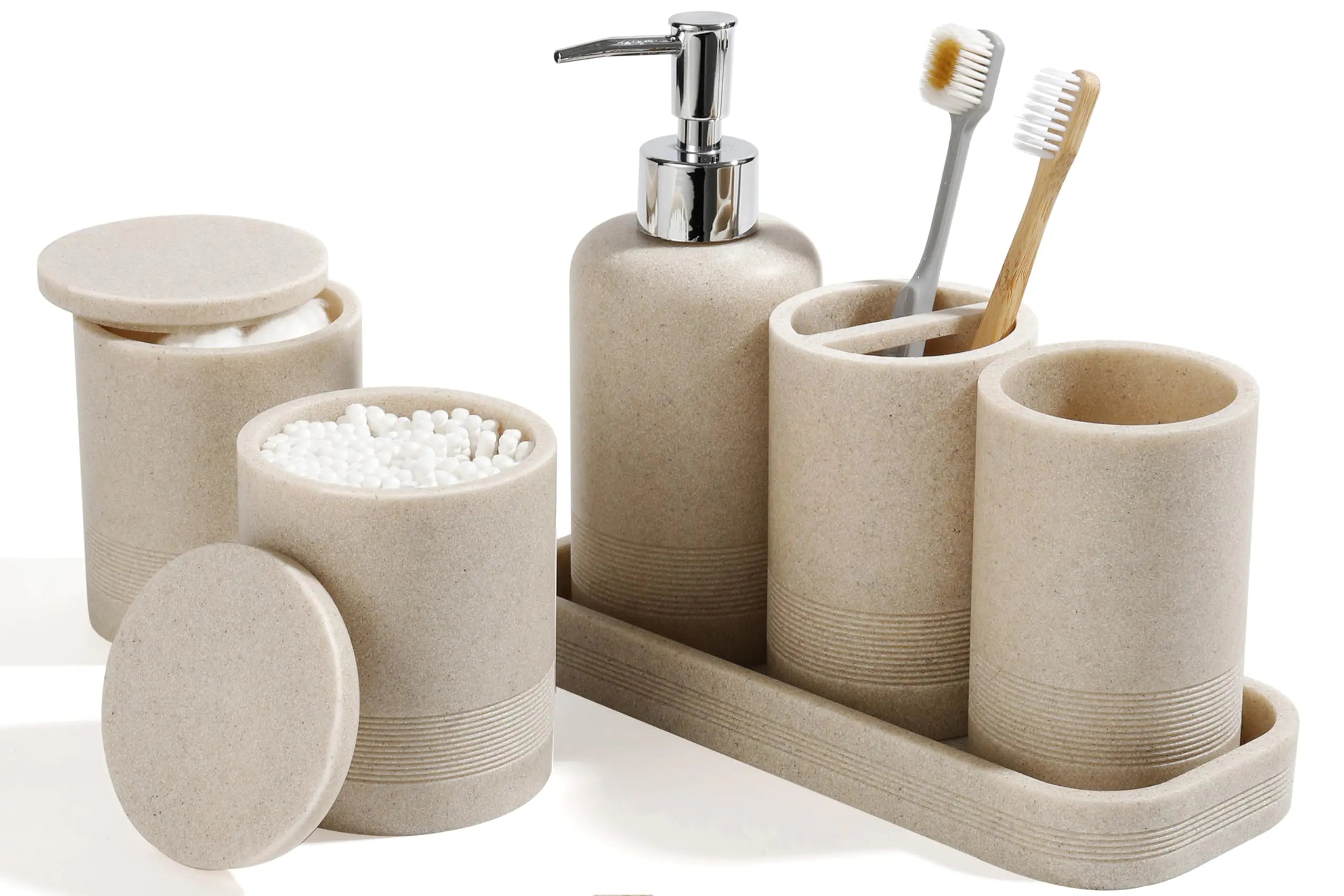 Bathroom Accessories Set 6-Piece Bathroom Accessory Set Toothbrush Holders Set Soap Dispenser Vanity Tray Tumbler Cotton Swab Jars Bathroom Organizer for Modern Bathrooms(Beige)
